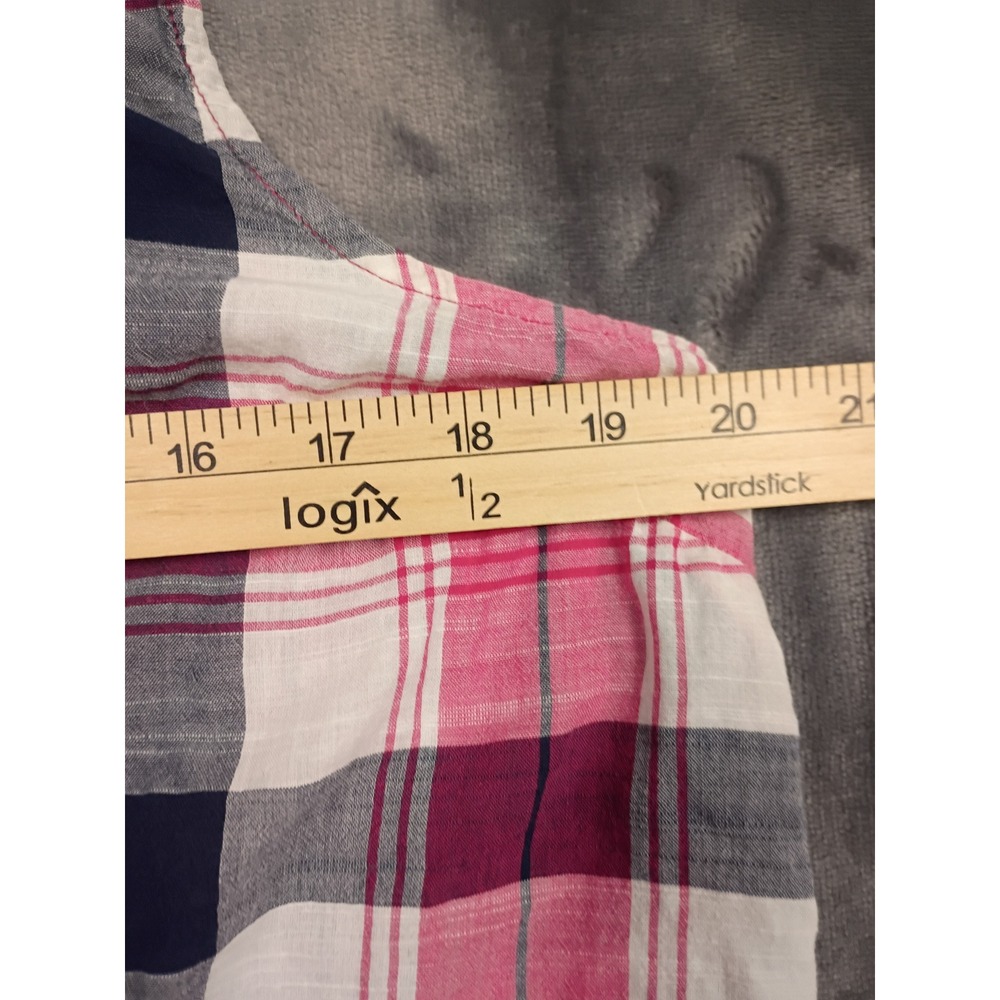 Great Northwest Indigo Sleeveless Plaid Shirt Womens Large Pink Navy Button Down - Picture 2 of 8